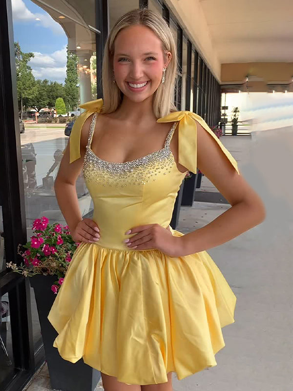 A-Line Bateau Bow Straps Satin Beaded Homecoming Dress