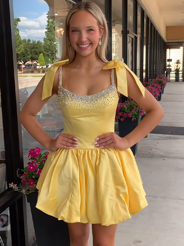 A-Line Bateau Bow Straps Satin Beaded Homecoming Dress - FashionDia