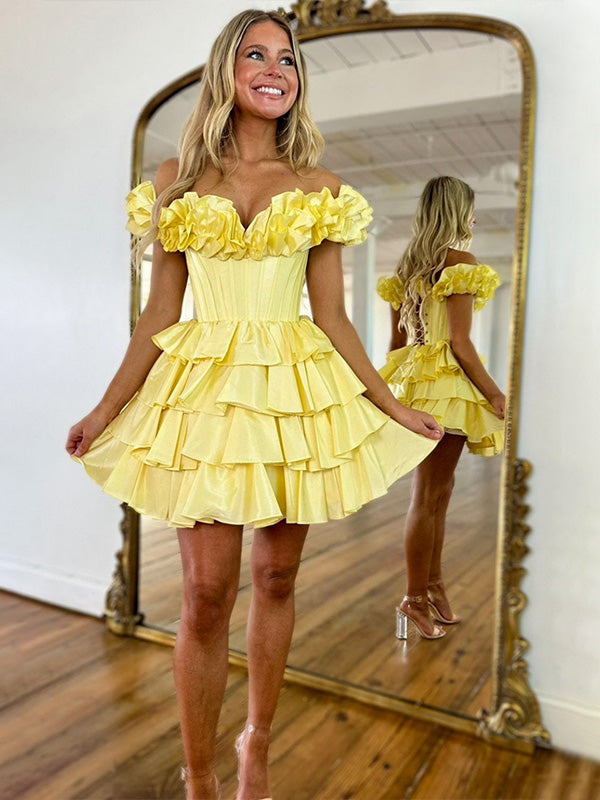 A-Line Off-the-Shoulder Tiered Satin Homecoming Dress - FashionDia