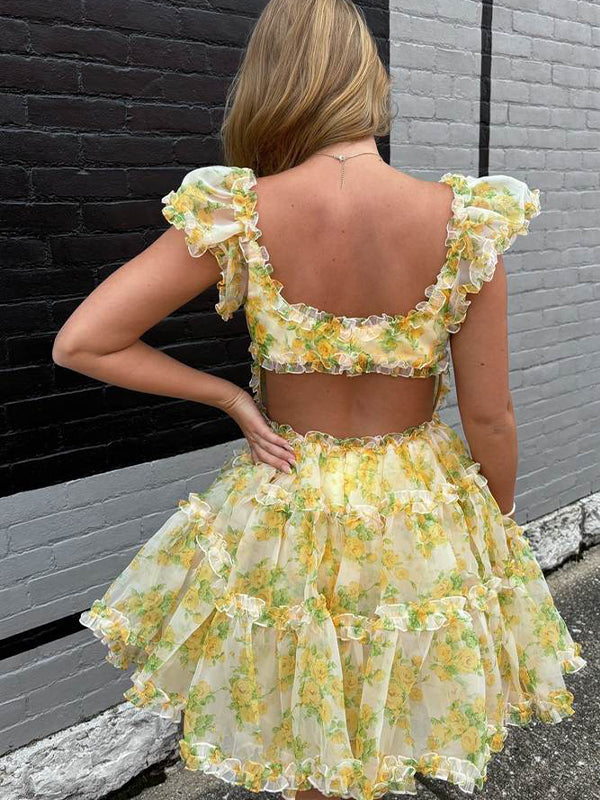 A-Line Square Neck Floral Print Tulle Short Homecoming Dress - View 2 | FashionDia