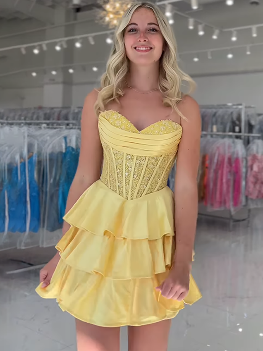 A-Line Strapless Short Corset Homecoming Dress with Lace - FashionDia