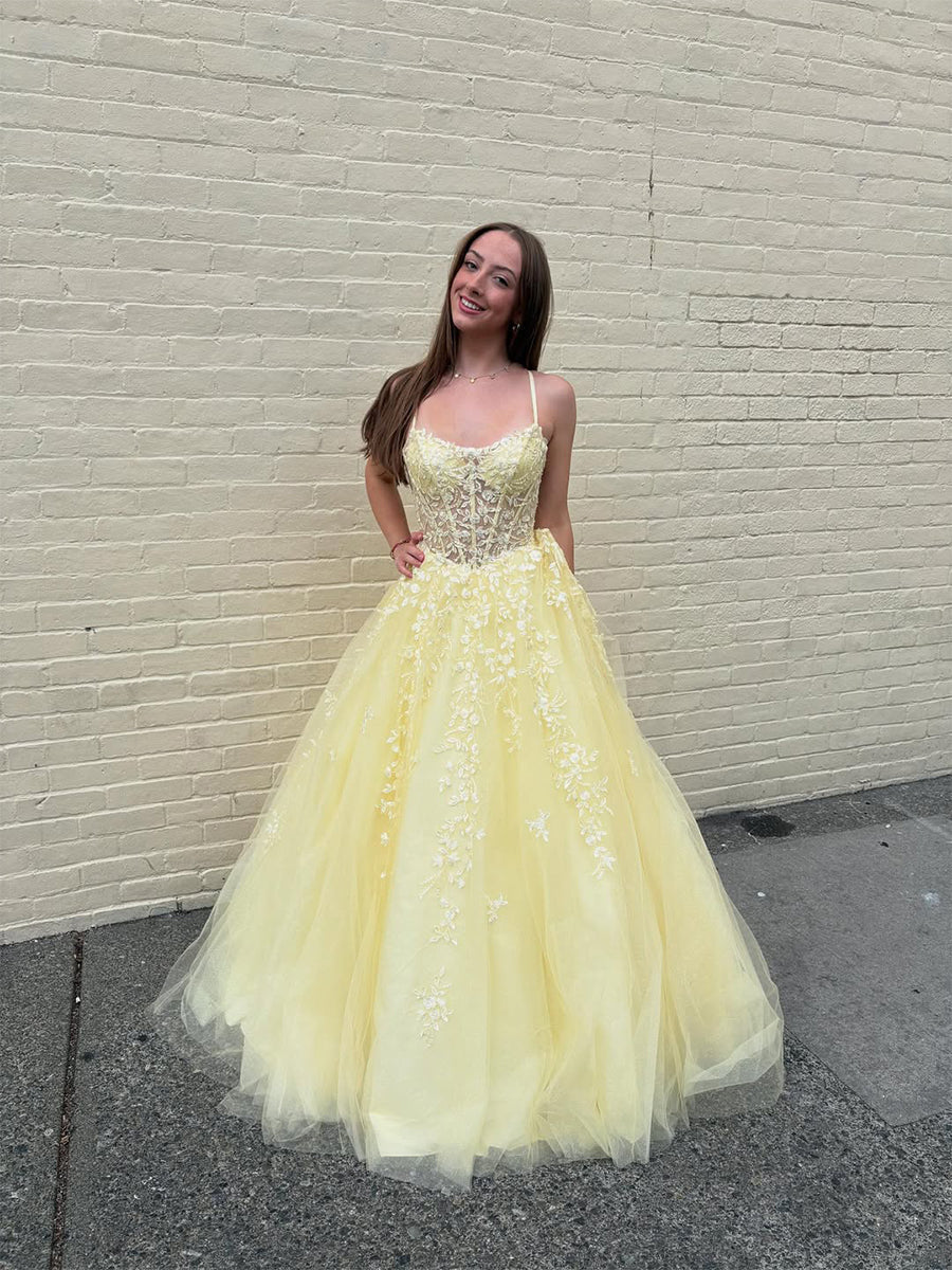 Yellow Floral A Line Lace Tulle Long Prom Dress with Appliqué