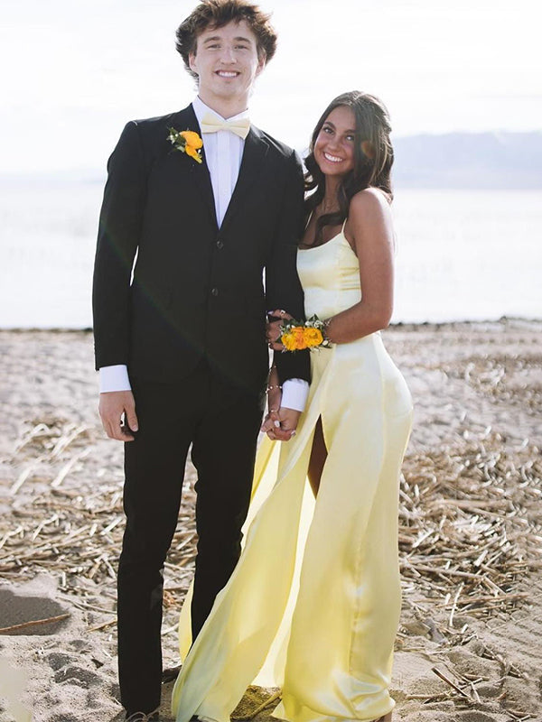Yellow Mermaid Spaghetti Straps Prom Dress With Slit