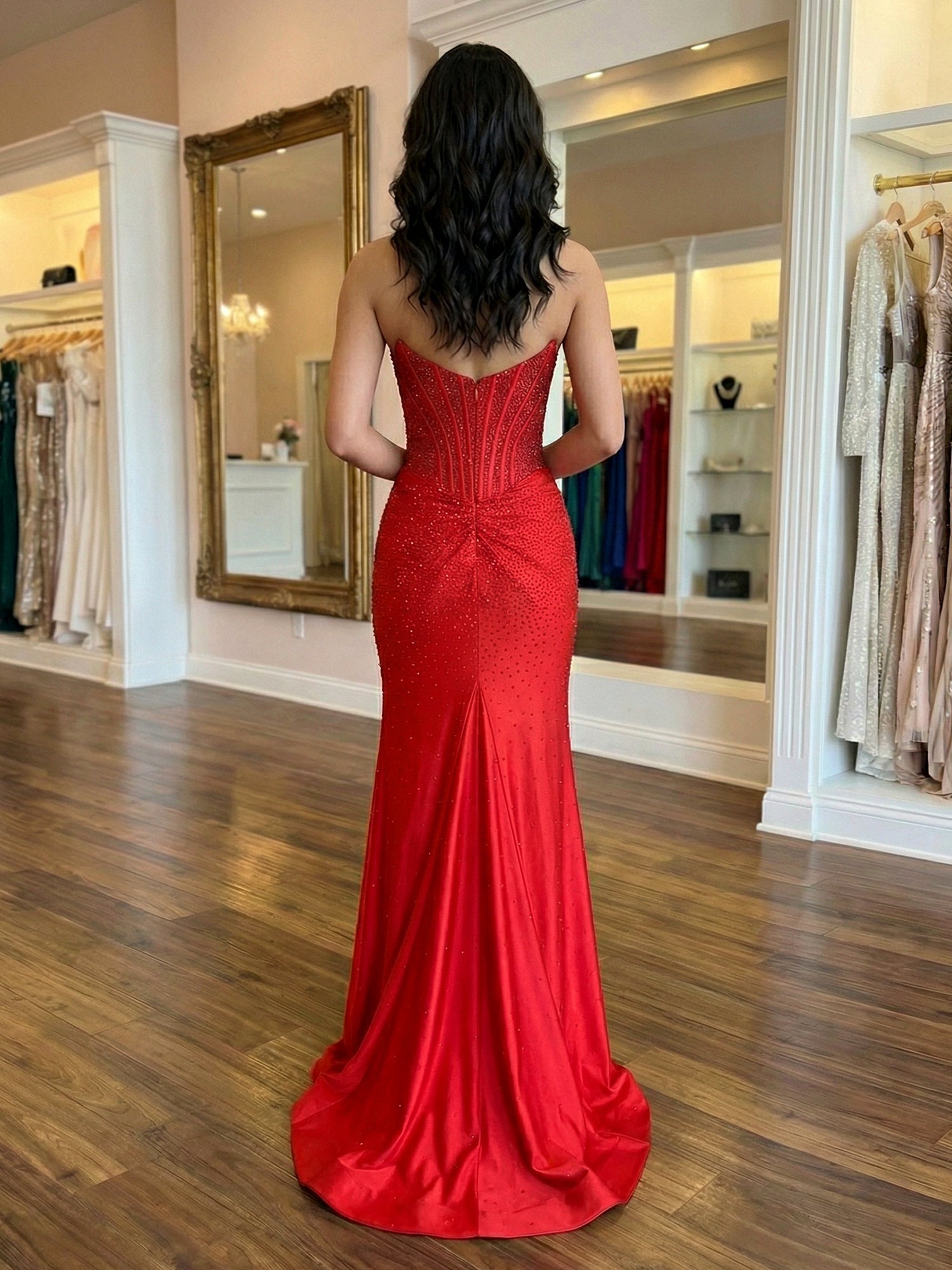 Yellow Mermaid Strapless Corset Beaded Prom Dress with Slit