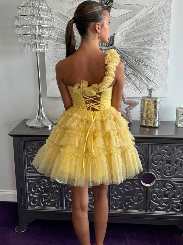 One Shoulder Lace Up Short Tulle Homecoming Dress