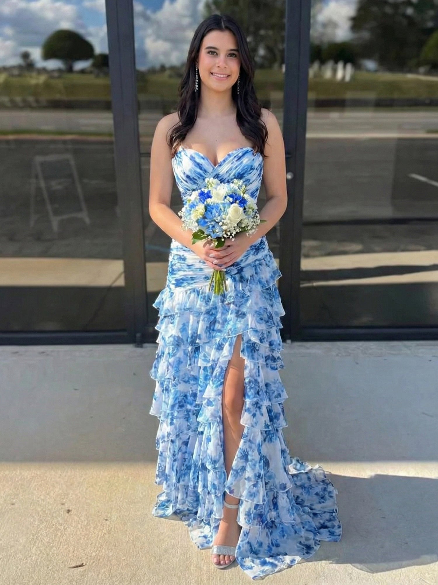 Yellow Print Mermaid Ruffled Tiered Prom Dress with Slit