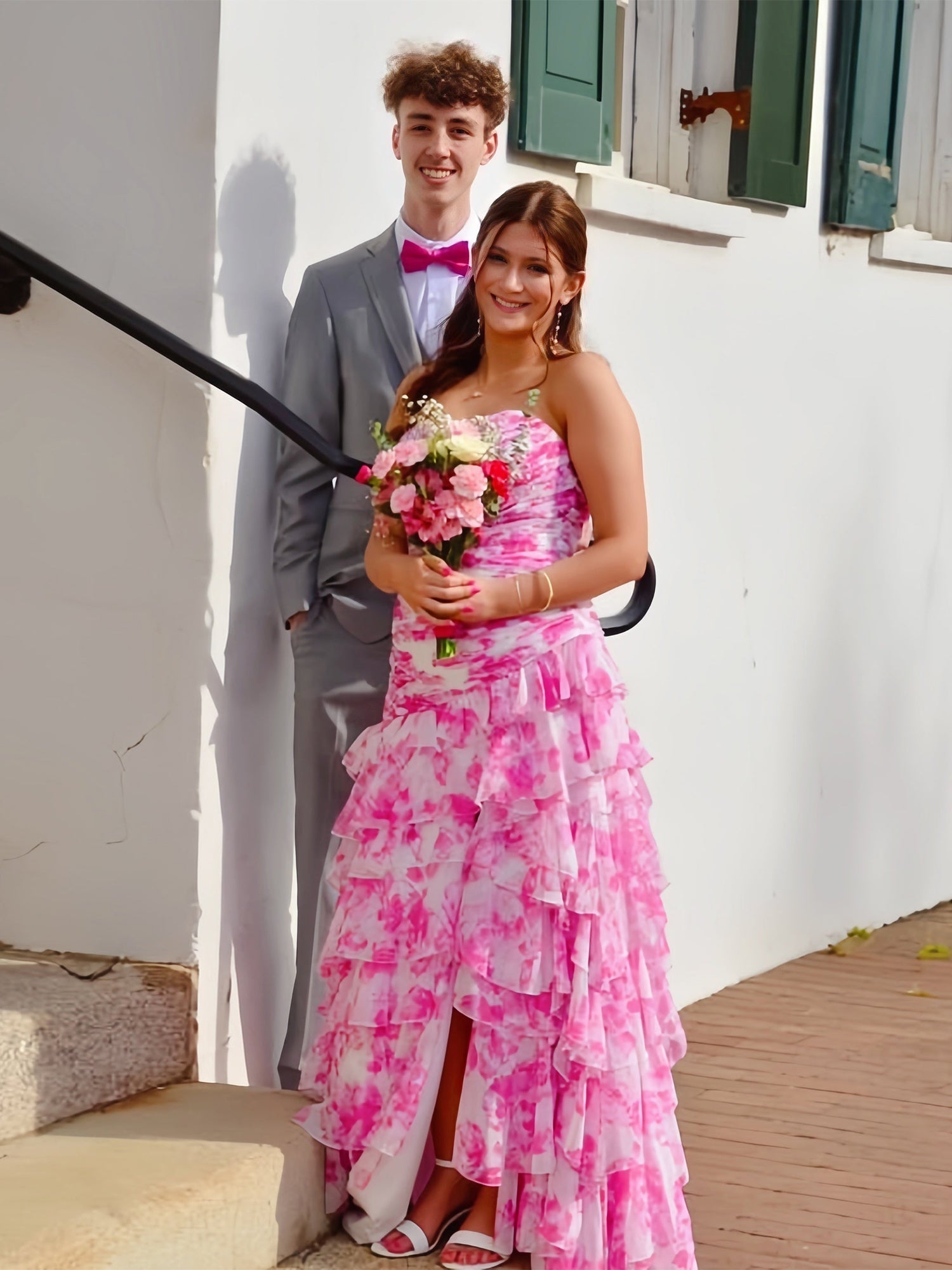 Yellow Print Mermaid Ruffled Tiered Prom Dress with Slit
