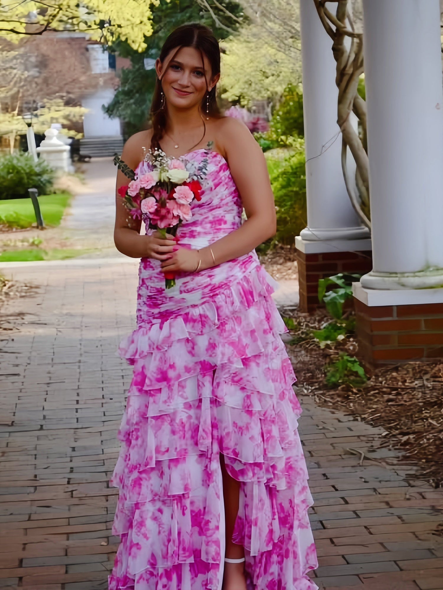 Yellow Print Mermaid Ruffled Tiered Prom Dress with Slit