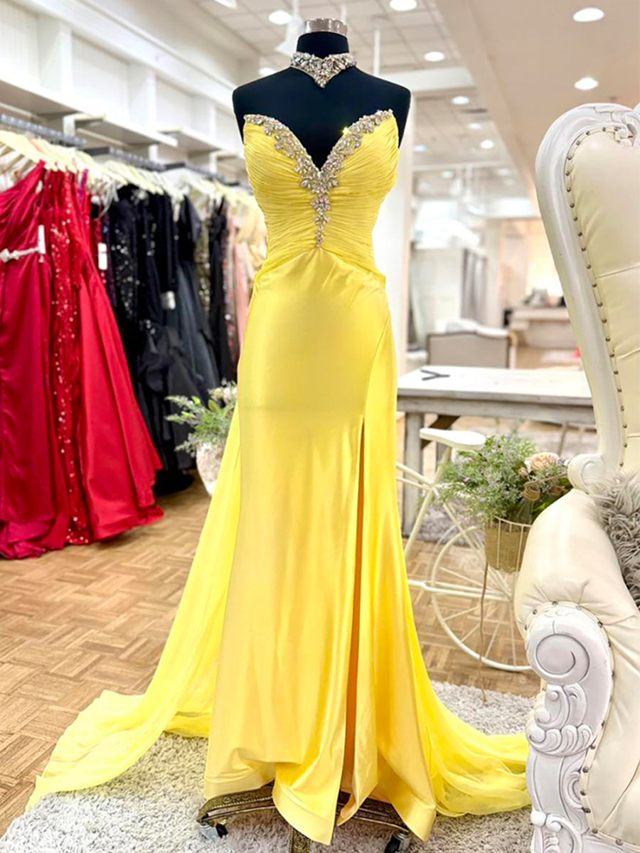 Yellow Strapless Crystal Plunge Neckline Satin Prom Dress with Slit