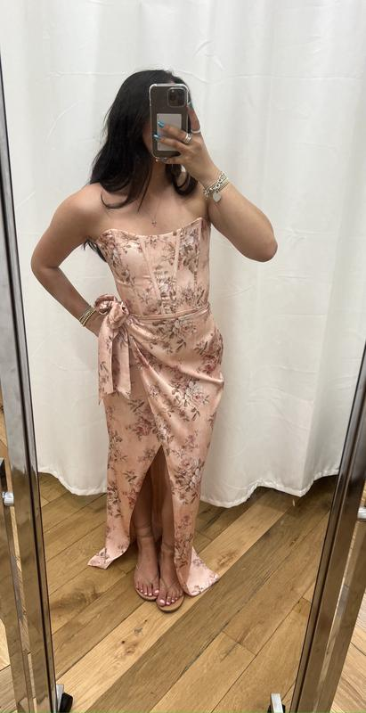 Fuchsia Printed Corset Front-Slit Satin Sheath Prom Dress,Formal Party Evening Dress - View 5 | FashionDia