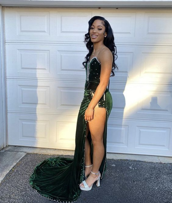 Green Velvet Prom Dress African Mermaid Evening Dress With Slit Y6480 - View 3 | VelvetHem