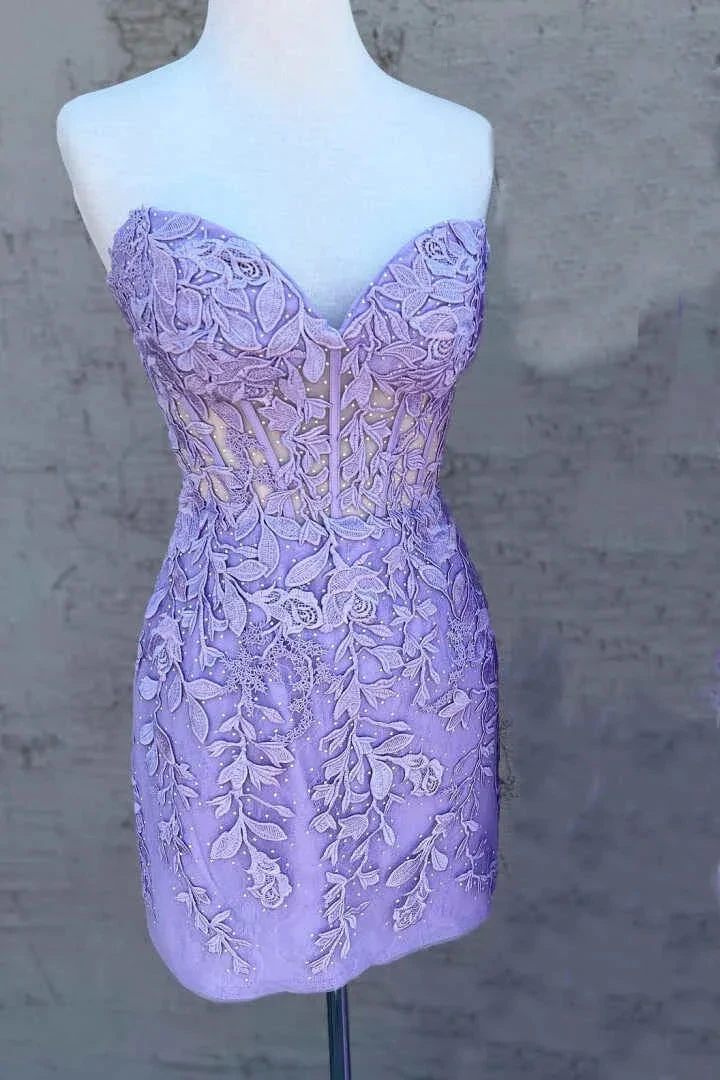 Lace-Up Appliques Strapless Sheath Homecoming Dress Y2490 by simplepromdress
