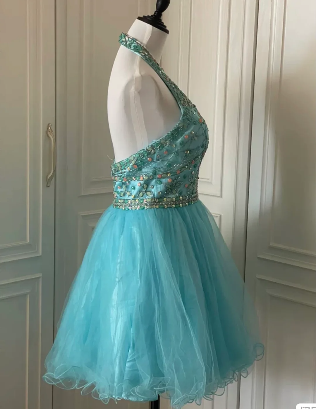 Vintage Blue Halter Tulle Beaded A Line Short Party Dress Formal Homecoming Dress
