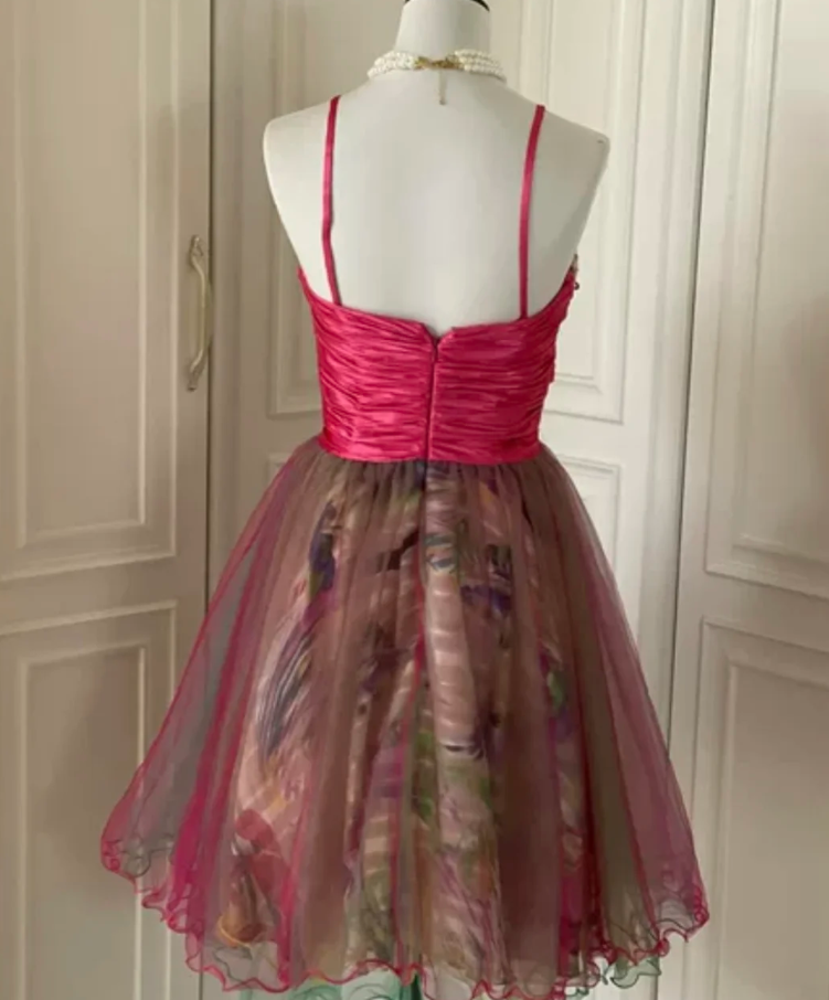 Vintage Spaghetti Straps Tulle Sequin Beaded Mini Homecoming Dress Party Dress