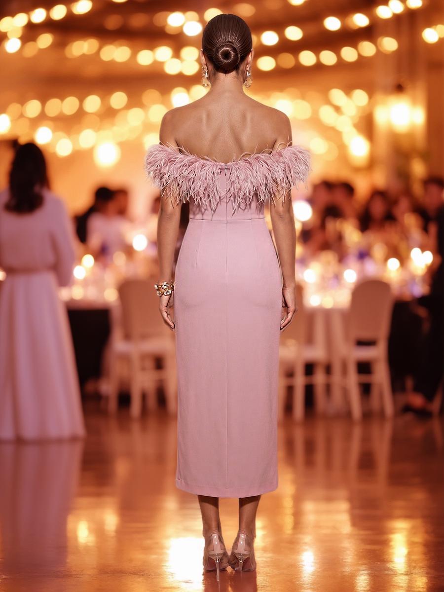 Sheath Column Strapless Stretch Jersey Tea Length Cocktail Dress with Feather Trim & Slit | ZapDress (ZD17547)