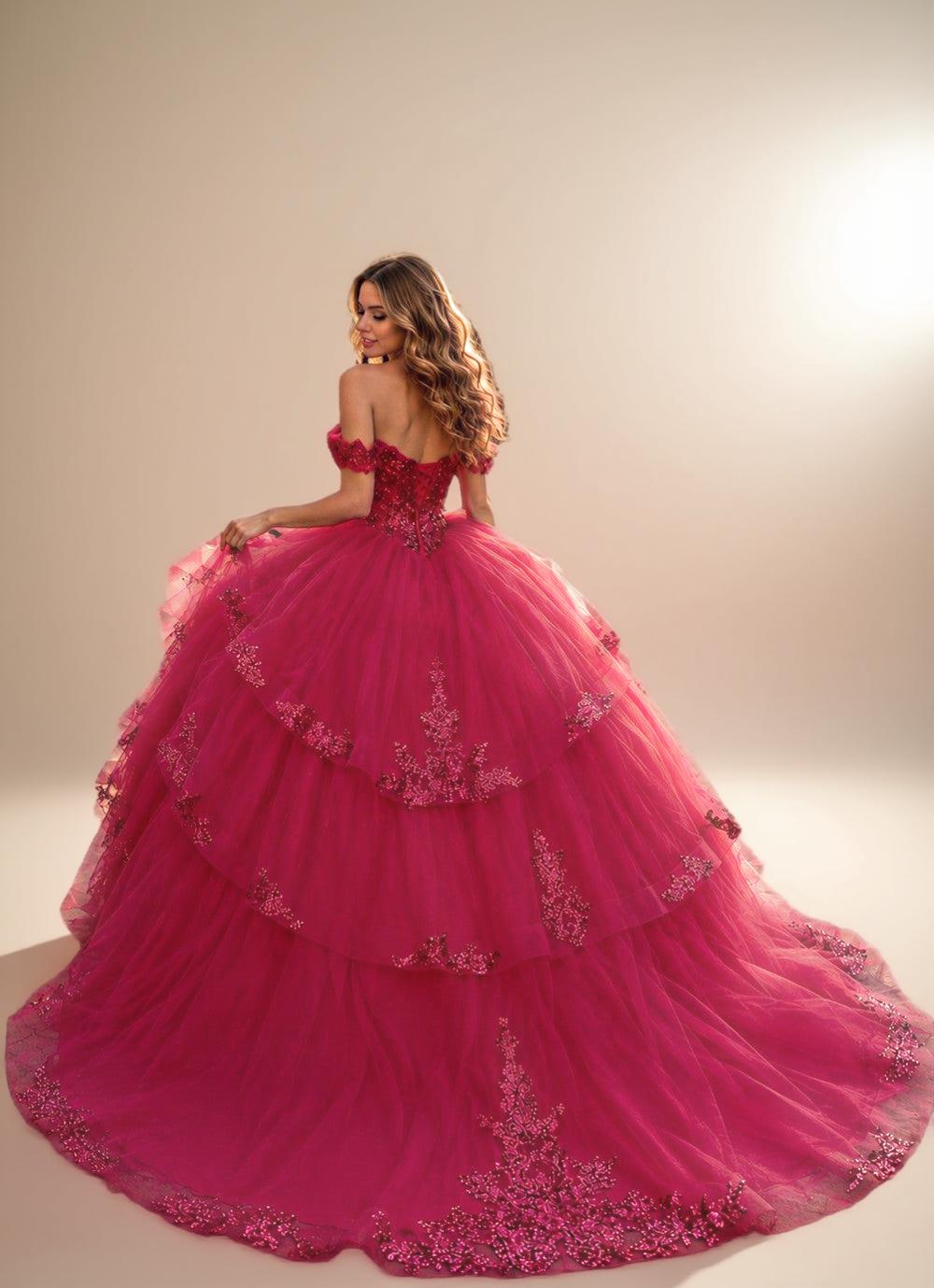 Off Shoulder Sequin Quinceanera Dress Fuchsia Ball Gown with Beaded Appliques - ZapDress (ZD17550) - View 2 | VelvetHem