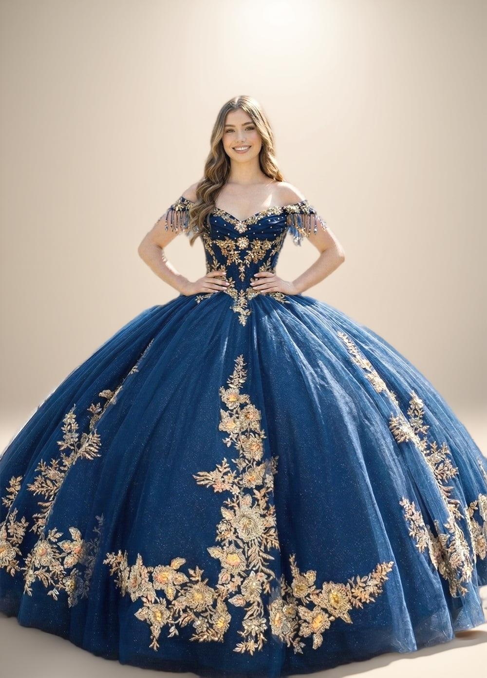 Navy Off Shoulder Quinceanera Dress with Gold Floral Applique Ball Gown - ZapDress (ZD17551) - View 3 | VelvetHem
