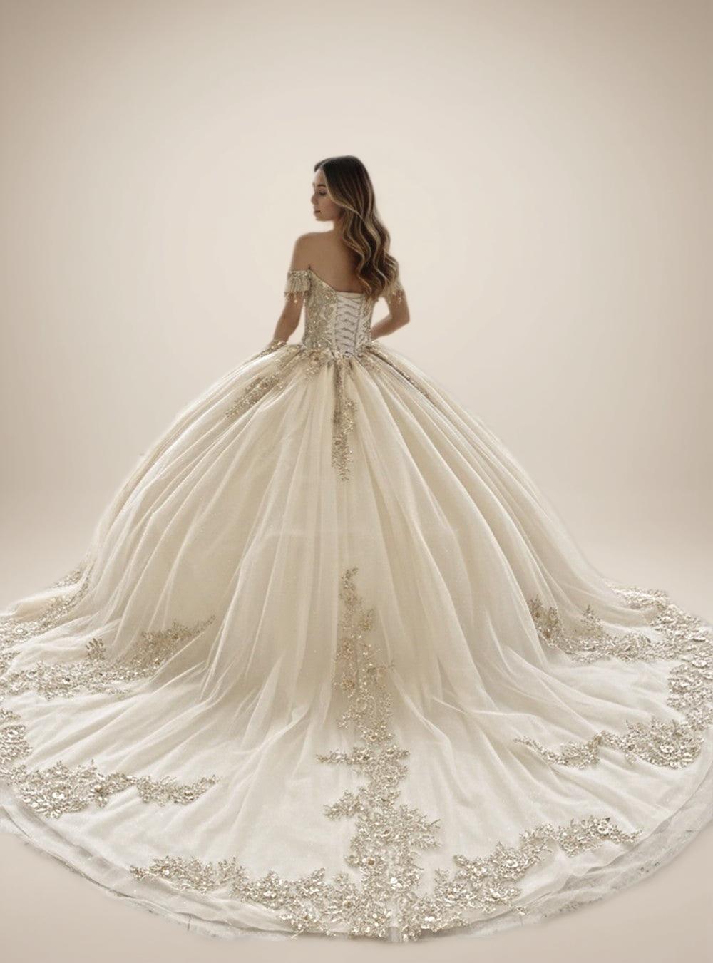 Navy Off Shoulder Quinceanera Dress with Gold Floral Applique Ball Gown - ZapDress (ZD17551) - View 6 | VelvetHem