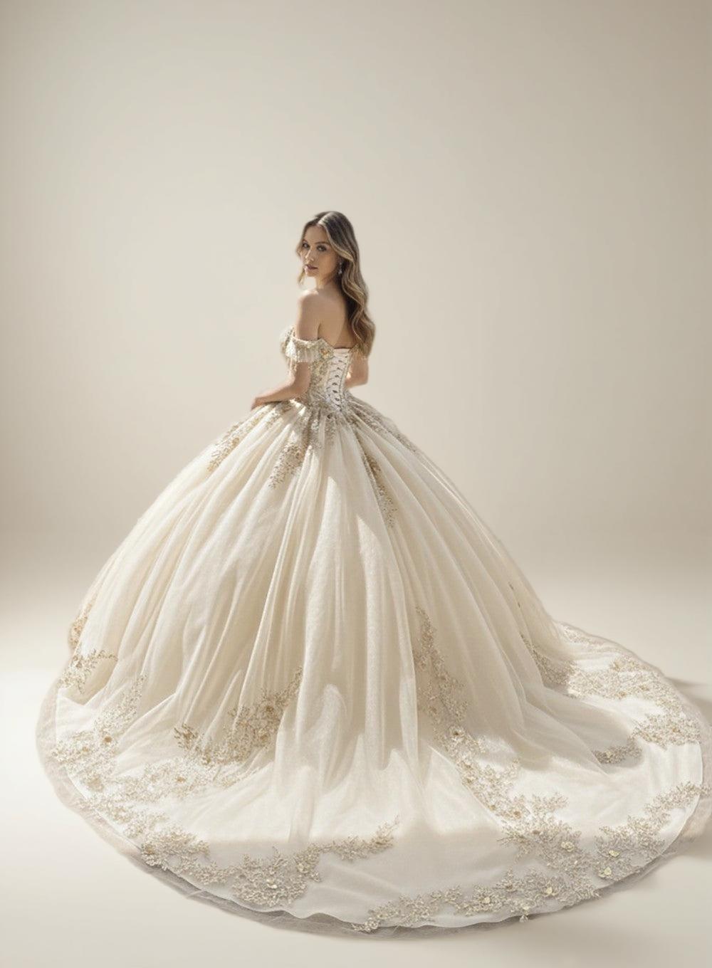Navy Off Shoulder Quinceanera Dress with Gold Floral Applique Ball Gown - ZapDress (ZD17551) - View 7 | VelvetHem