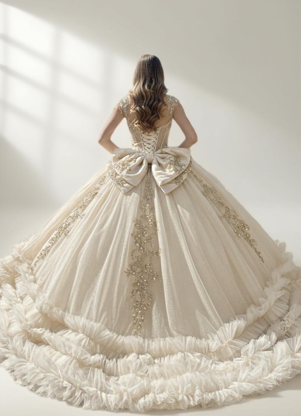 Champagne Off Shoulder Ruffled Quinceanera Dress Ball Gown with Lace Applique - ZapDress (ZD17552) - View 2 | VelvetHem