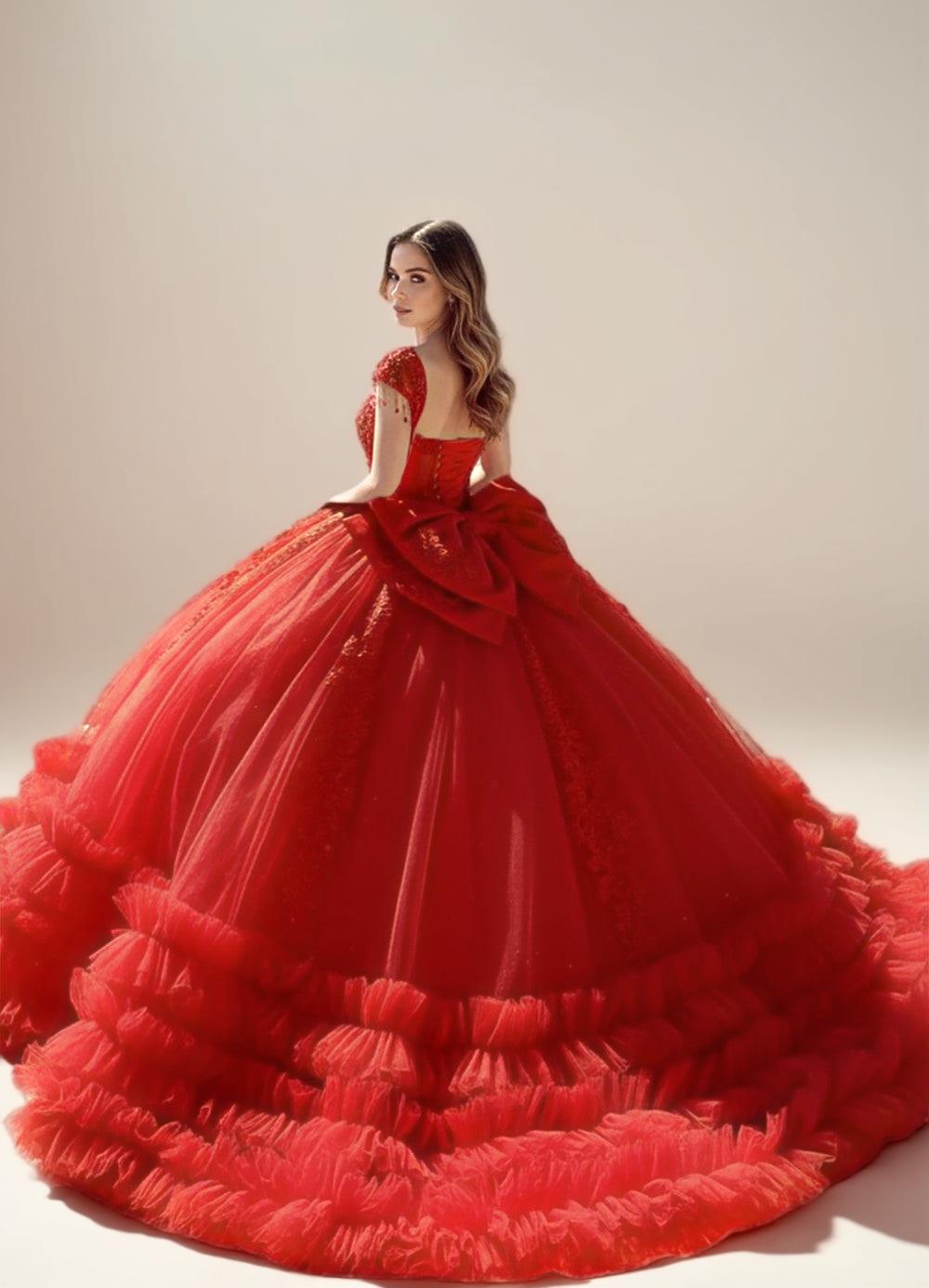 Champagne Off Shoulder Ruffled Quinceanera Dress Ball Gown with Lace Applique - ZapDress (ZD17552) - View 6 | VelvetHem