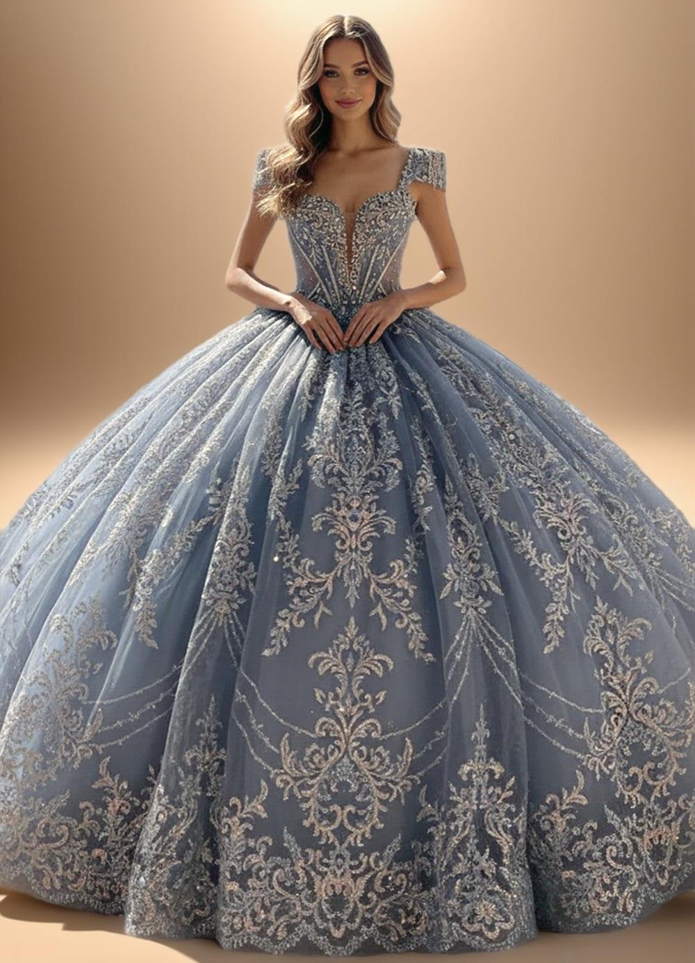 Beaded Cap Sleeve Glitter Tulle Quinceanera Ball Gown in Blue (ZD17553) - View 3 | VelvetHem