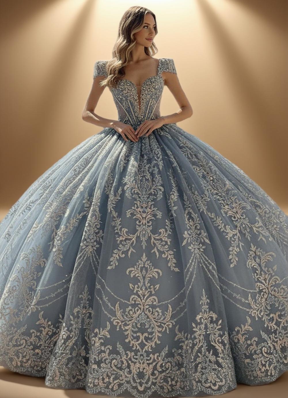 Beaded Cap Sleeve Glitter Tulle Quinceanera Ball Gown in Blue (ZD17553) - View 5 | VelvetHem