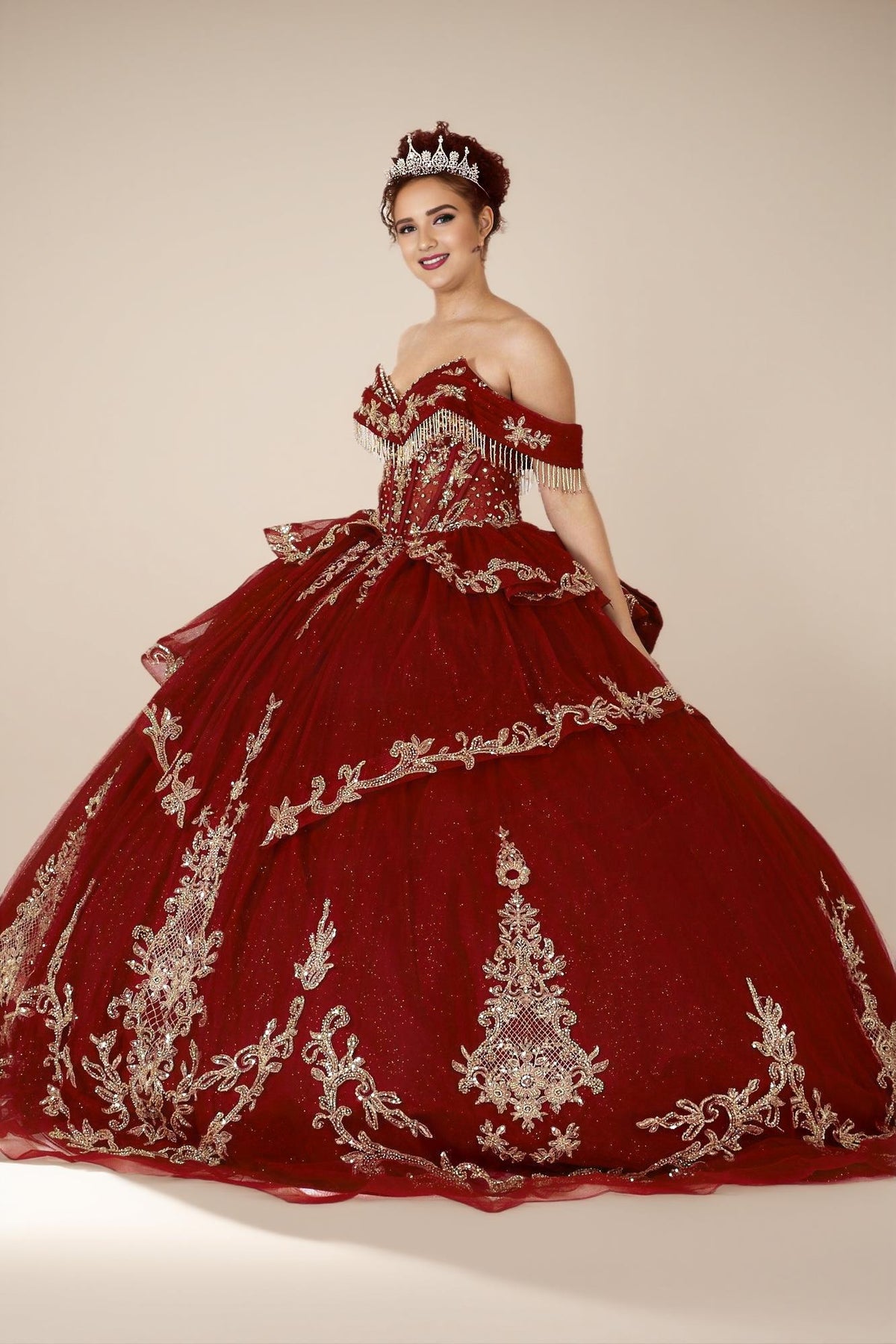 Burgundy Gold Off Shoulder Quinceanera Dress Beaded Fringe Glitter Tulle Ball Gown (ZD17593) - View 4 | VelvetHem