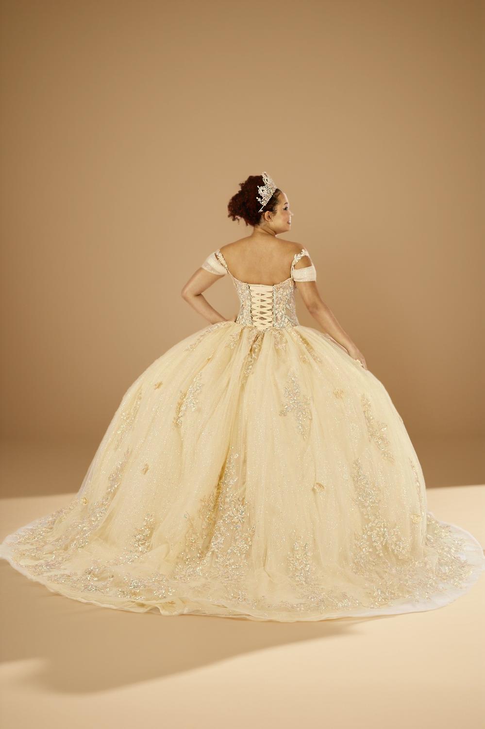 Yellow 3D Floral Off Shoulder Quinceanera Dress Beaded Glitter Tulle Ball Gown (ZD17595) - View 2 | VelvetHem