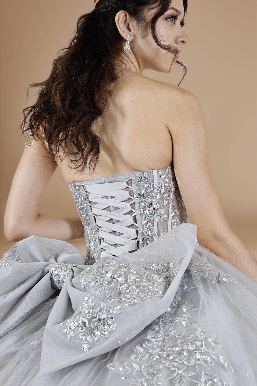 Silver Strapless Applique Quinceanera Dress Sequin Embroidered Glitter Tulle Ball Gown (ZD17596) - View 4 | VelvetHem