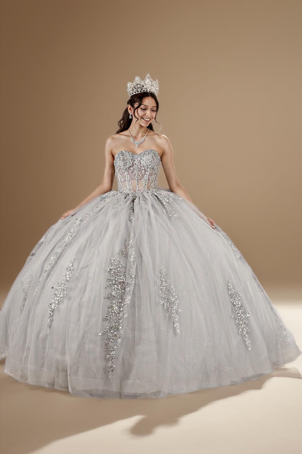 Silver Strapless Applique Quinceanera Dress Sequin Embroidered Glitter Tulle Ball Gown (ZD17596) - View 5 | VelvetHem