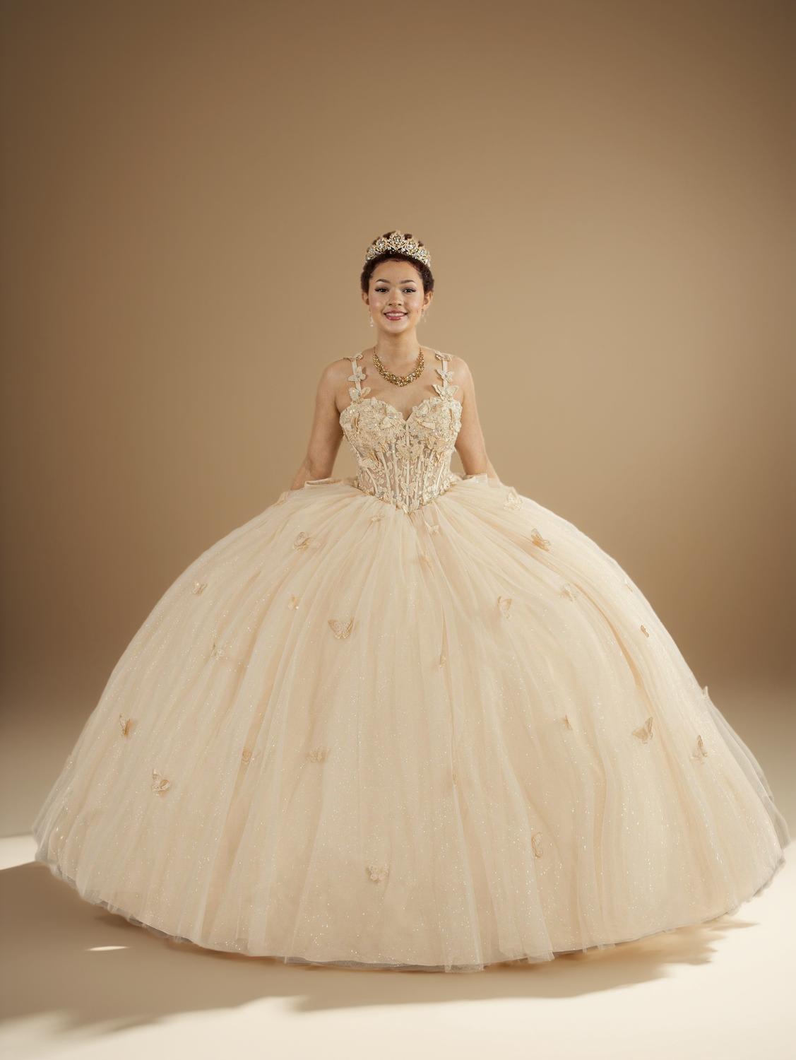 Champagne Sleeveless Quinceanera Dress Butterfly Straps Lace Applique Glitter Ball Gown (ZD17599) - View 3 | VelvetHem