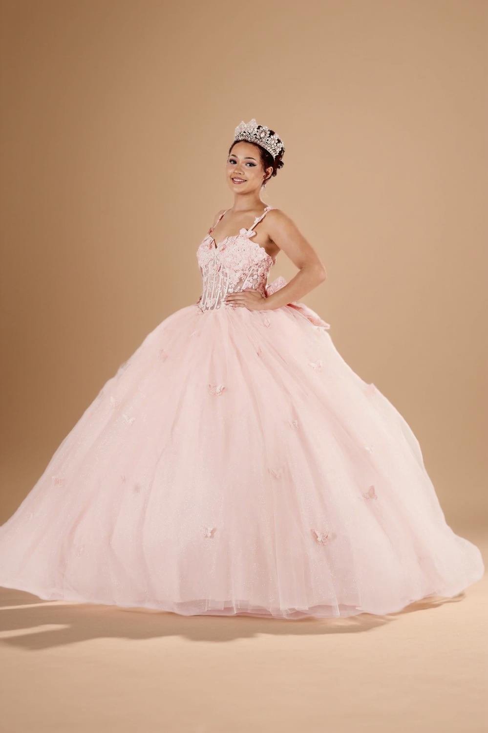 Champagne Sleeveless Quinceanera Dress Butterfly Straps Lace Applique Glitter Ball Gown (ZD17599) - View 4 | VelvetHem