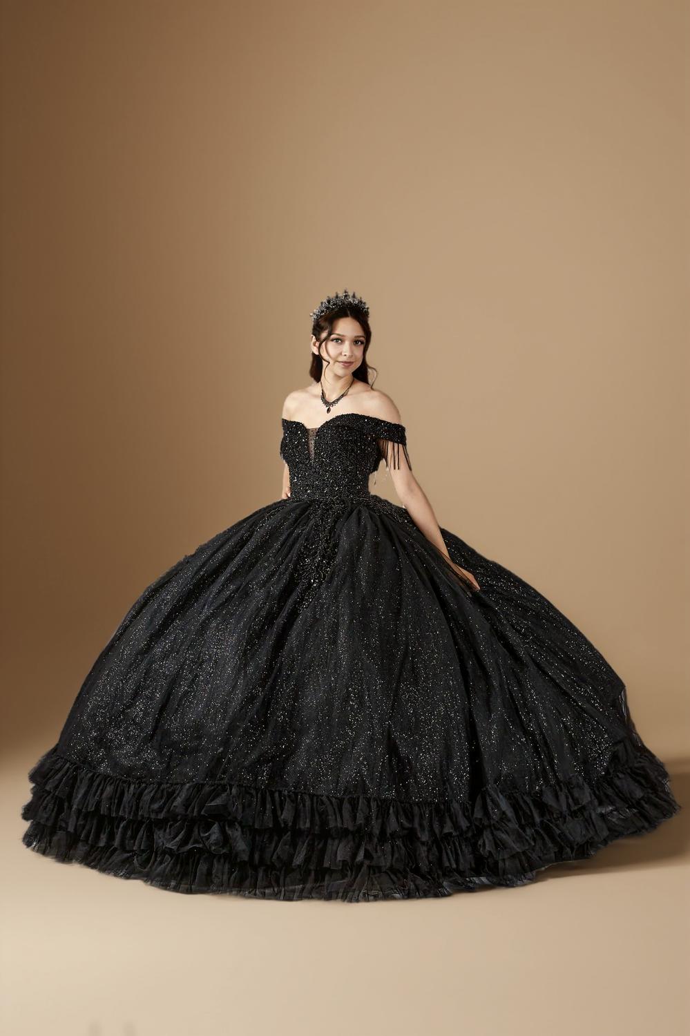 Black Off Shoulder Fringe Quinceanera Dress Beaded Applique Glitter Tulle Ball Gown (ZD17603) - View 6 | VelvetHem