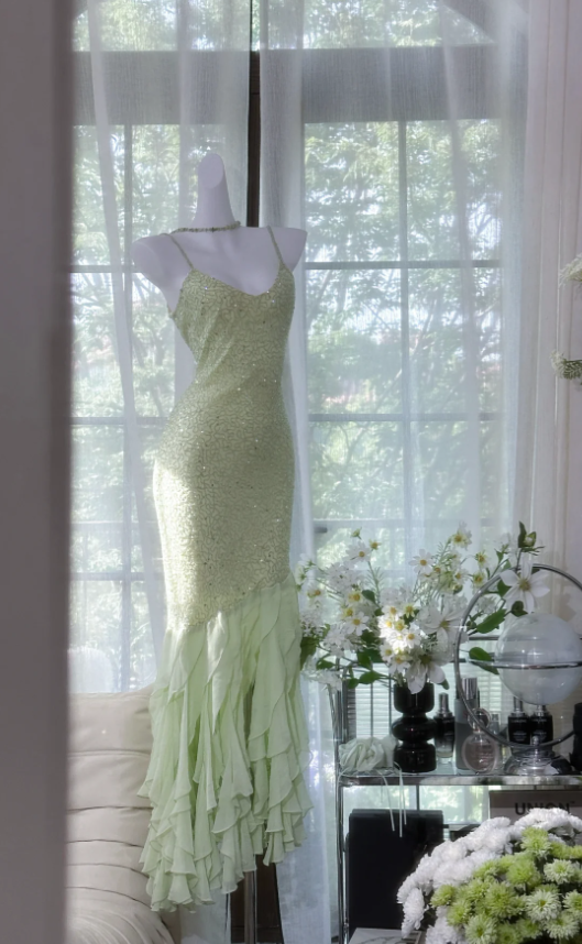 Pretty Spaghetti Straps Light Green Chiffon Beaded Ruffles Mermaid Evening Dress Long Party Dress