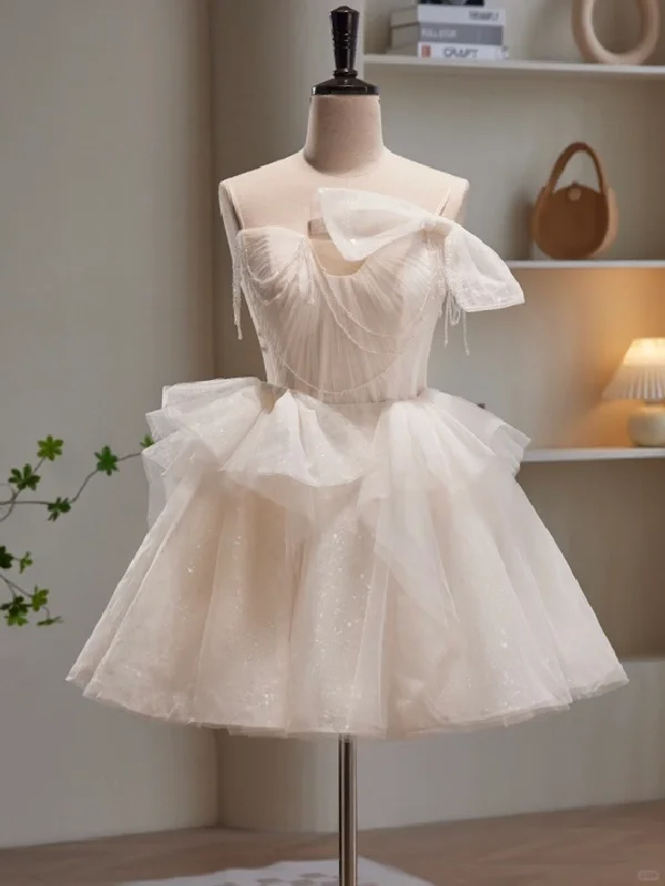 Charming White Tulle Sequin A-Line Short Prom Dress Formal 19th Birthday Outfits - FashionDia