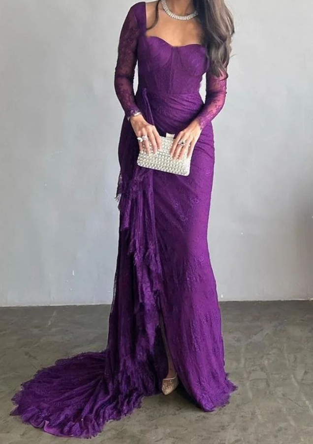Goegeous Mermaid Split-Side Pleated Lace Evening Dress Purple Long Prom Dress Y7766 - VelvetHem