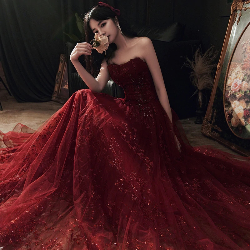 Wine Red Floral Lace and Tulle Long Evening Gown Party Dress Burgundy Formal Dresses Y1661 - VelvetHem