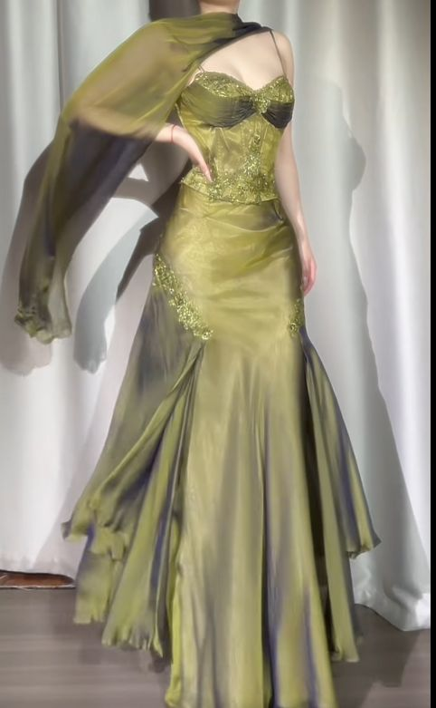 Vintage Spaghetti Strap Corset Two-Piece Prom Dress Chiffon Green Evening Dresses With Scarf