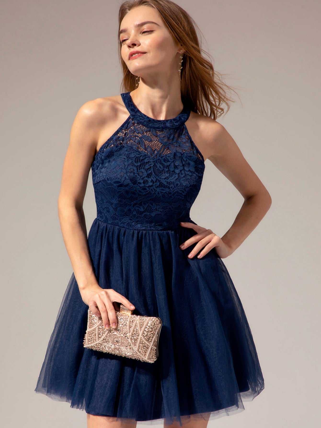 Navy Halter Lace A Line Short Graduation Party Dress - Fashionpara