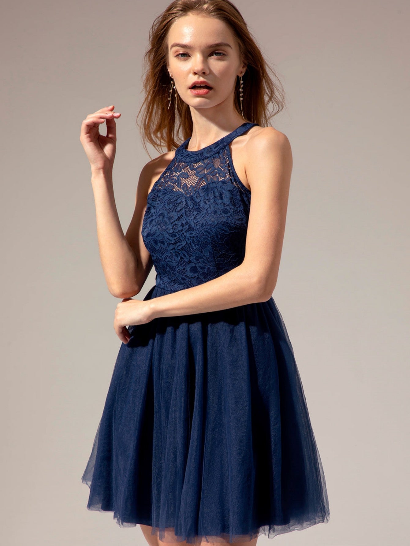 Navy Halter Lace A Line Short Graduation Party Dress - Fashionpara