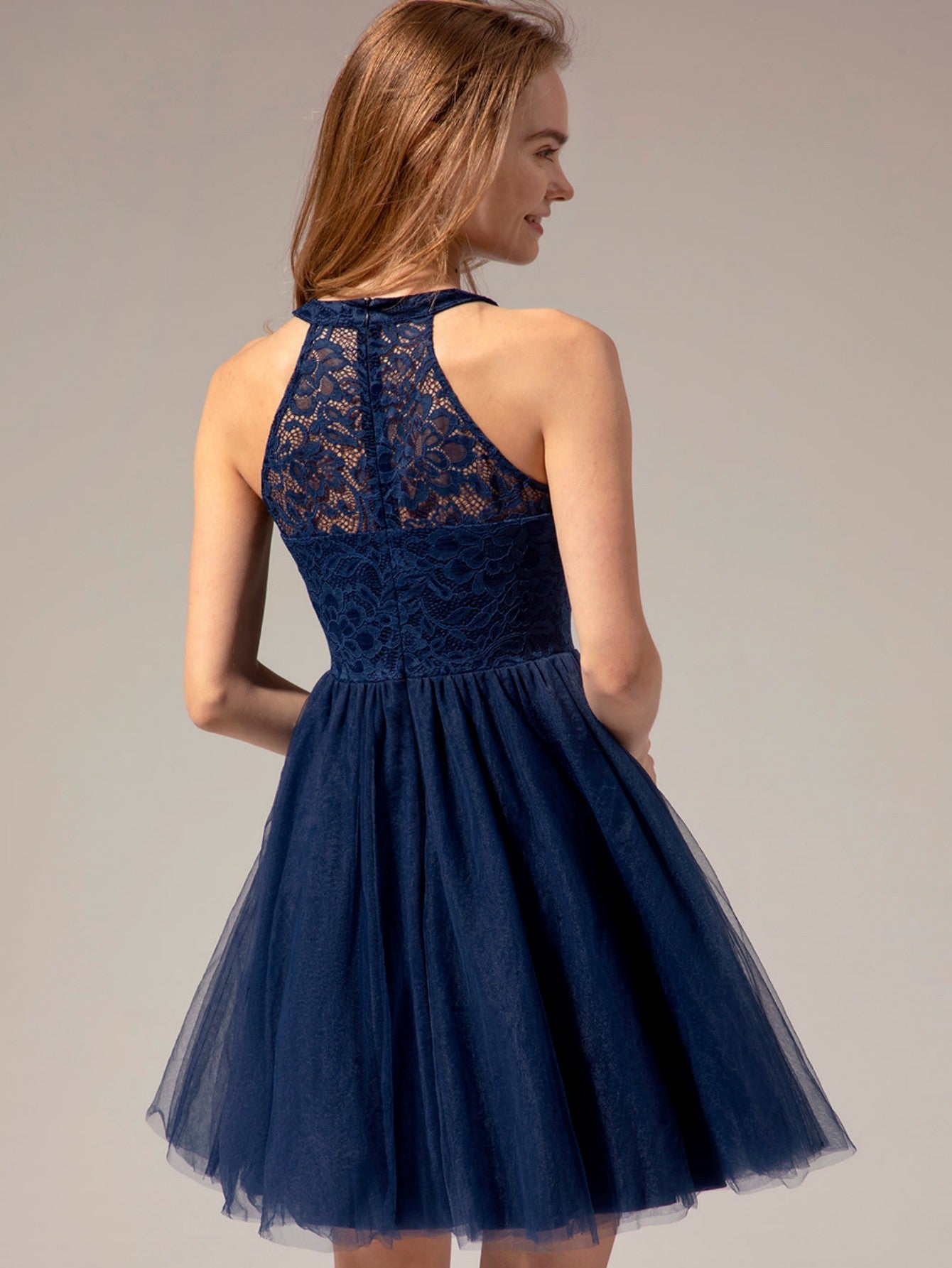 Navy Halter Lace A Line Short Graduation Party Dress - Fashionpara