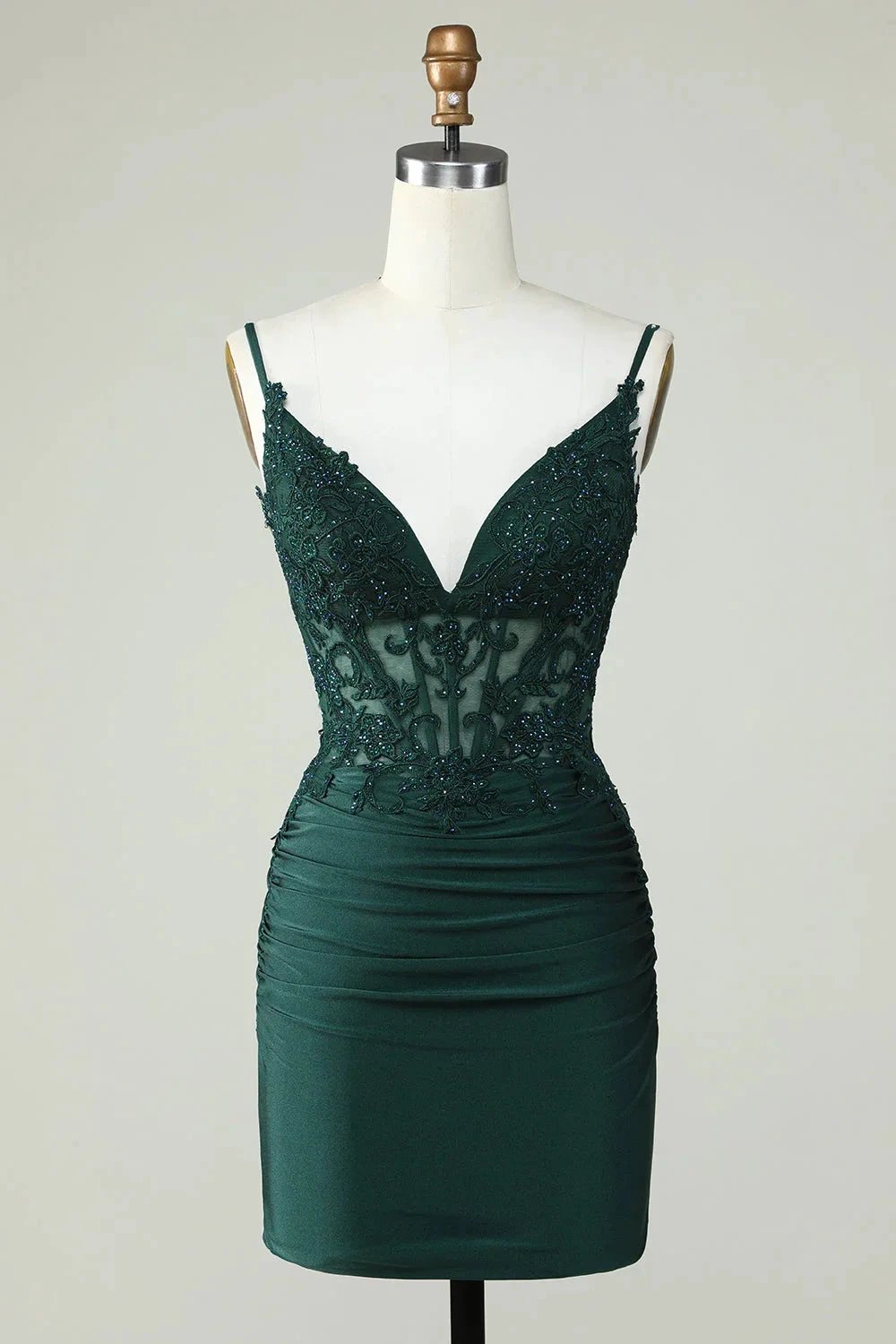 Bodycon Dark Green Spaghetti Straps Corset Homecoming Dress with Beading by WEDTREND