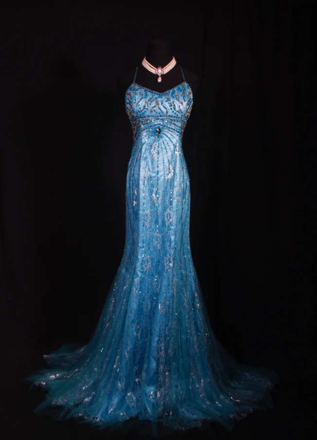 Glamorous Spaghetti Straps Blue Lace Beaded Mermaid Long Evening Dress Party Gown