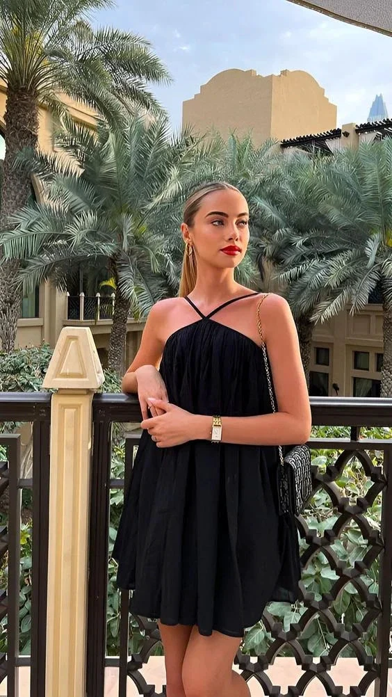 Sleeveless Casual Sling Dress Beach One Piece Halter Black Short Homecoming Dress Party Dress Y7108 by simplepromdress