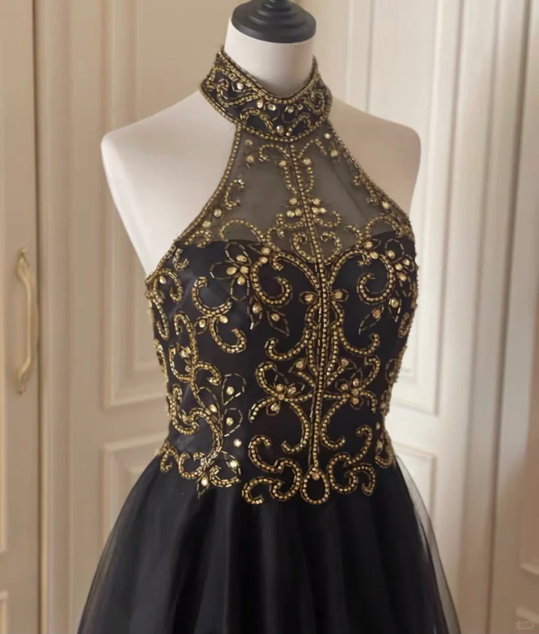 Stylish Halter Tulle Beaded A-Line Homecoming Dress Black Sleeveless Birthday Dress Cocktail Dress - View 7 | FashionDia