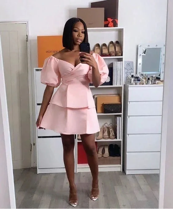 Pink Satin Short Homecoming Dress With Puffy Sleeves (ZD12808)