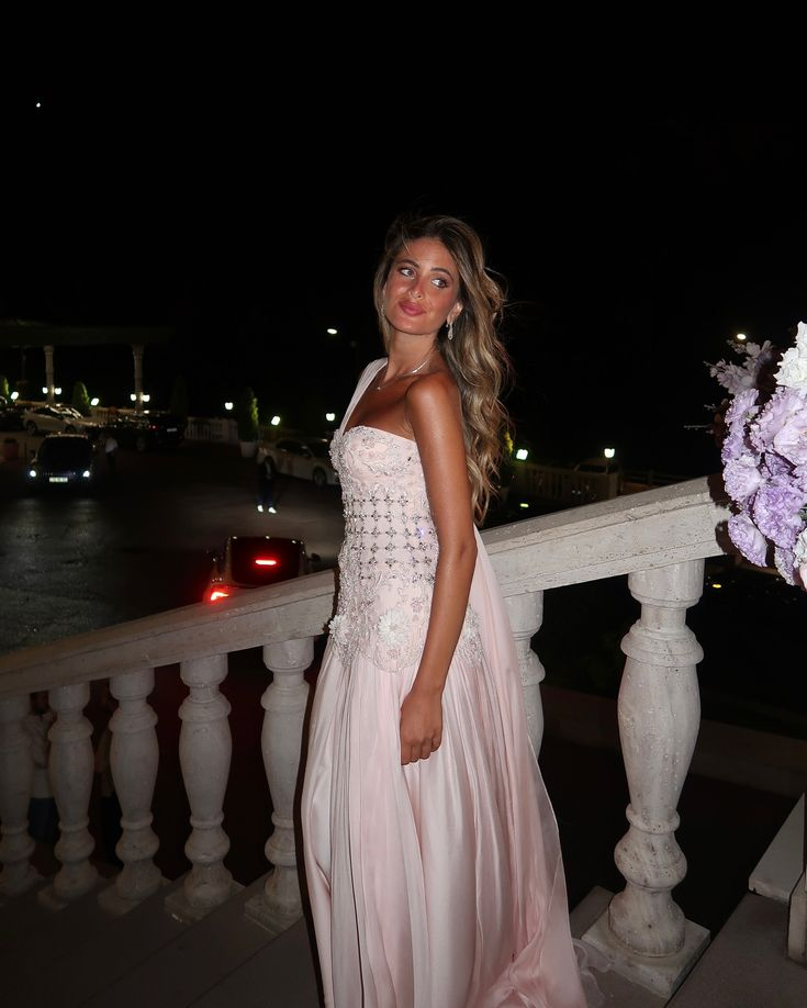 Pretty Pink One Shoulder Chiffon Beaded Appliques Long Party Dress Evening Dress