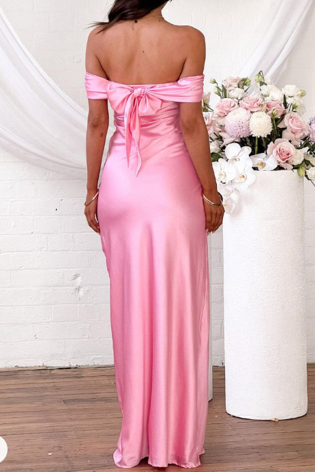 Pink Off The Shoulder Satin Long Prom Evening Dress Y8093 - View 2 | VelvetHem