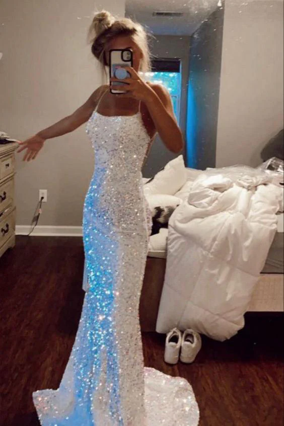 Beautiful White Sequins Long Prom Dress,Formal Party Evening Gown